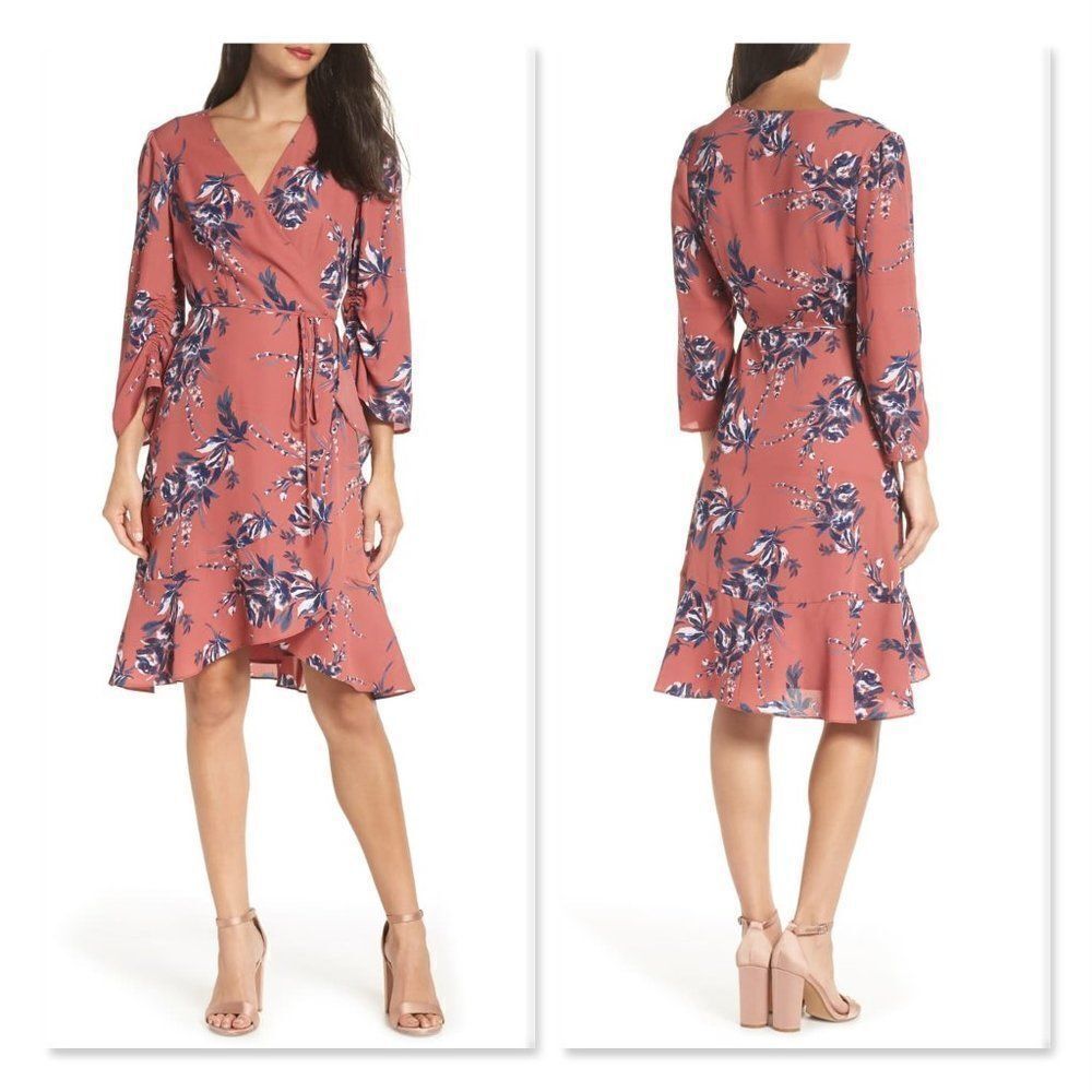 Charles Henry Ruched Sleeve Wrap Dress
